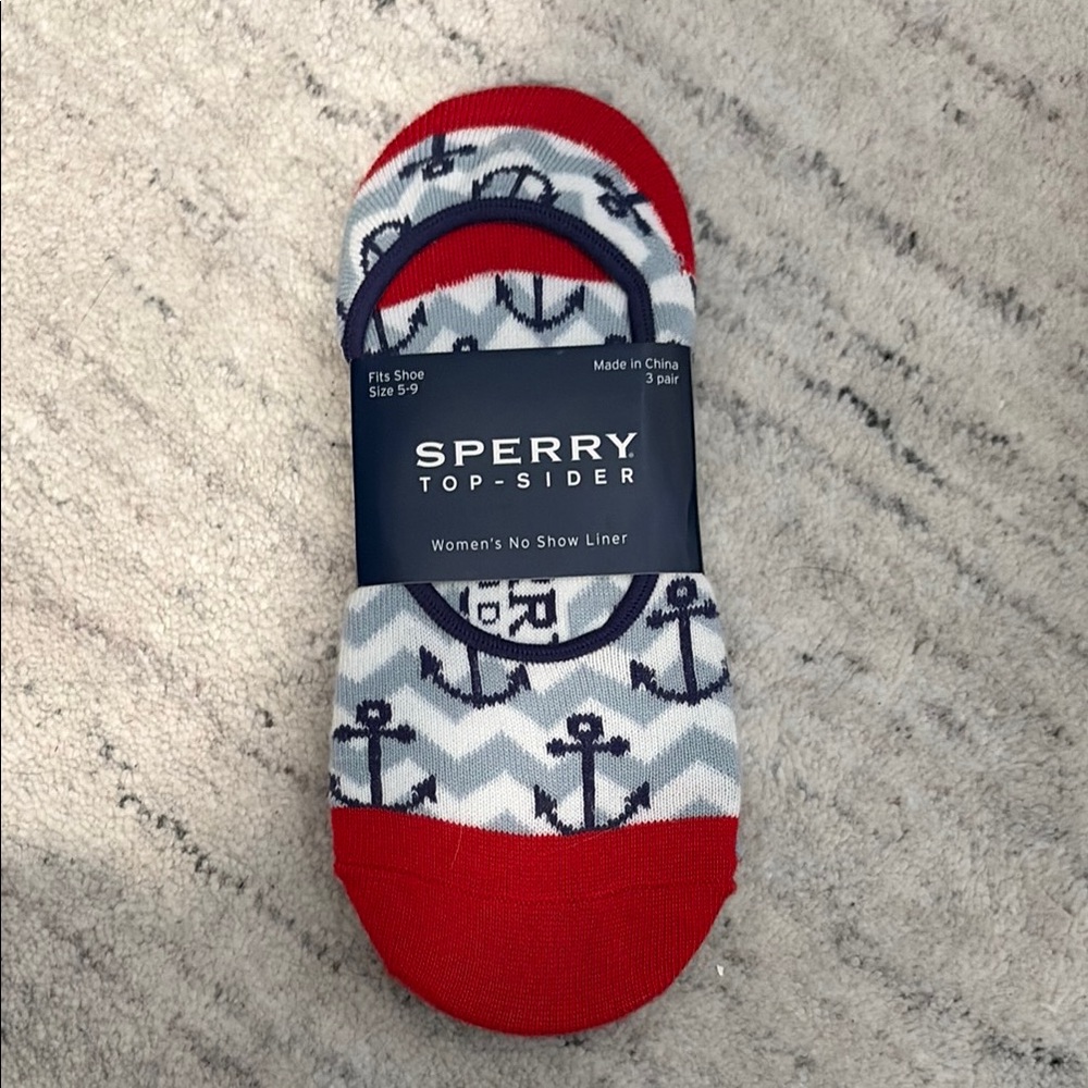 Sperry Women's No-Show Liner Socks - Red & Navy Anchor Print